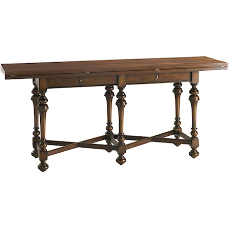 Carlisle Mahogany Console Table with Flip-Top Leaves that Rest On Pullout Supports
